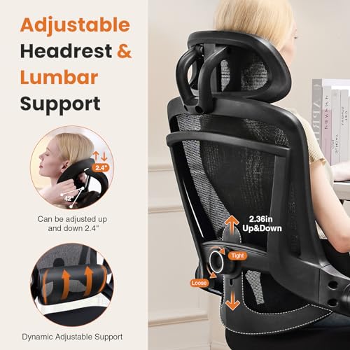 DUMOS Executive Home Office Chair, Ergonomic Computer Desk Chair, Mesh | 300 LBS, High Back, 2D Headrest, Adjustable Lumbar Support, Flip-up Armrests, Swivel Wheels, Black - color: Black