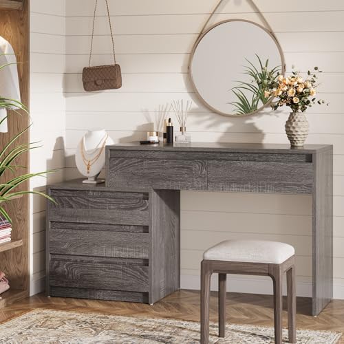 Tribesigns 63" Vanity Desk with 5 Drawers, Makeup Table with 3-Drawer Cabinet, Modern Large Dressing Table for Women Girl, with Storage, Wooden Writing Desk for Bedroom/Home Office (Gray) - color: Grey