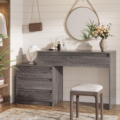 Tribesigns 63" Vanity Desk with 5 Drawers, Makeup Table with 3-Drawer Cabinet, Modern Large Dressing Table for Women Girl, with Storage, Wooden Writing Desk for Bedroom/Home Office (Gray) - color: Grey