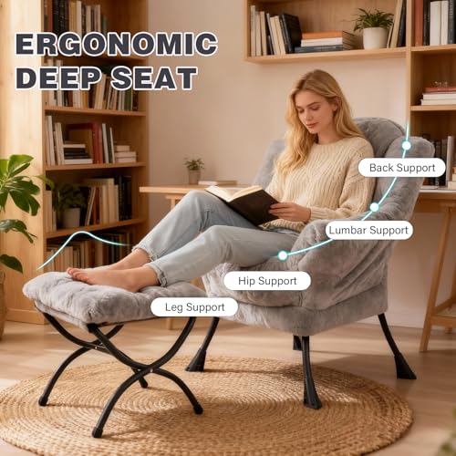 Modern Lazy Chair with Ottoman Lounge Accent Reading Chair for Living Room | Foldable Footstool,Removable Cover,with Armrests & Side Pockets,Upholstered Lounge Chair for Bedroom,Dorm,Office,Small Space - color: Plush Grey