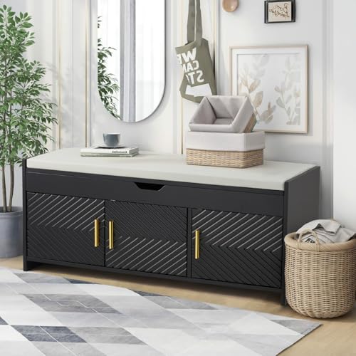 Shoe Bench, Storage Bench with Lift Top Storage, Entryway Bench with Cushioned Seat, Adjustable Shelf for Living Room, Bedroom, Hallway, Black - color: Black