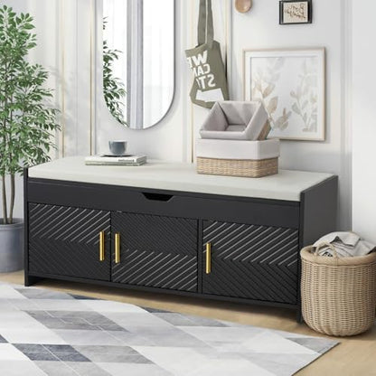 Shoe Bench, Storage Bench with Lift Top Storage, Entryway Bench with Cushioned Seat, Adjustable Shelf for Living Room, Bedroom, Hallway, Black - color: Black