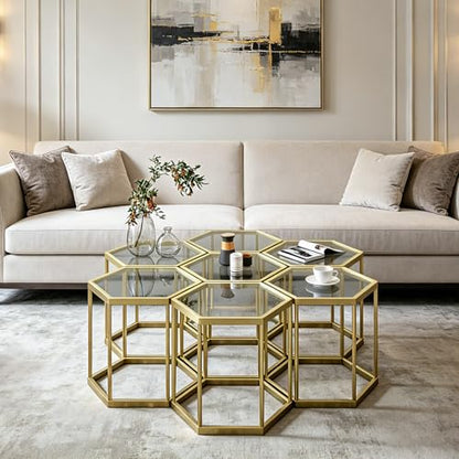 Hexagonal Modular Coffee Table, Gold Plated Frame, Tempered Glass Top, Geometric Accent Side Table, Multi-Purpose Nesting Table for Living Room Bedroom, Set of 1 - size: 1 Piece