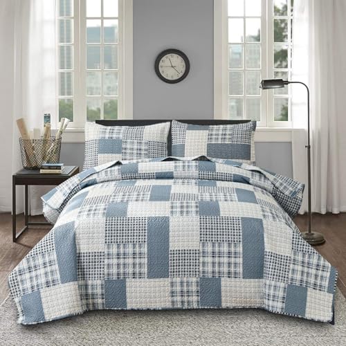 Ycosy Queen Size Plaid Quilts Blue White Stripes Bedspread Coverlets Reversible Lightweight Patchwork Bedding Set for Boys Bedroom Decorations Blanket Throw with 2 Pillow Shams. - color: Grey Blue Stripe, size: Full/Queen