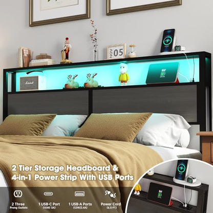 RVONOW King Size Bed Frame with 2-Tier Storage Headboard, Dark Grey | Wooden headboard with LED lights, built-in charging station, No Box Spring Needed, Noise Free, Easy Assembly, Modern Bedroom - color: Dark Grey, size: King