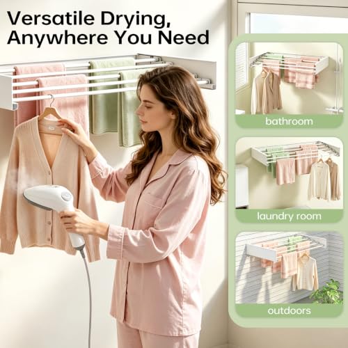 23.6-Inch Wall Mounted Foldable Clothes Drying Rack, White | Space-saving rack folds against the wall when not in use and includes a mounting template for indoor or balcony drying - color: White,w23.6''