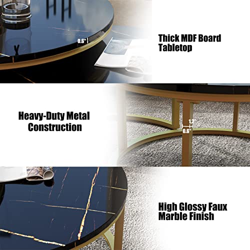WiberWi Round Coffee Table Nesting Tables Set of 2, Large : Ø 34.0", Small : Ø 26.0", Modern Design Coffee Tables for Living Room, Gold Metal Frame Circle Cocktail Table, High Glossy Faux Black Marble - color: Black Faux Marble