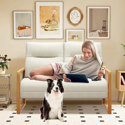 Alunaune Modern Loveseat Bench Couch with Natural Rattan Arm, Upholstered Linen Small Love Seat Sofa 2-Seats Living Room Couch Settee, Comfy Lounge Recliner Chair-Ivory - color: Ivory