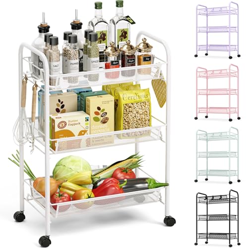 TOOLF 3 Tier Rolling Cart, Metal Utility Storage Cart with Wheels, White | 3 Hooks, Screwless Assembly, Trolley Organizer for Bathroom, Kitchen, Office, Nursery, Dorm, Laundry Room - color: White, size: 3-Tier