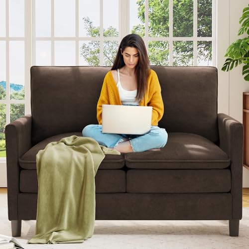 Welzona 3-Layers Cloud Loveseat Sofa, 51" Small Couch, Teddy Small Sofa | Comfy Teddy Fabric, Washable Covers, Tool-Free Setup, All-wood Futon Couch for Living Room, Bedroom, Small Spaces, Brown - color: Brown, size: cloud loveseat