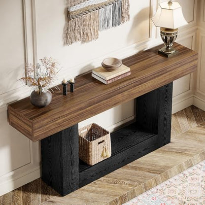 Tribesigns 63" Console Table, Farmhouse 2-Tier Entryway Table with U-Shaped Base, Narrow Long Wood Behind Couch Table for Living Room, Hallway, Foyer, Dark Brown & Black - color: Dark Brown & Black