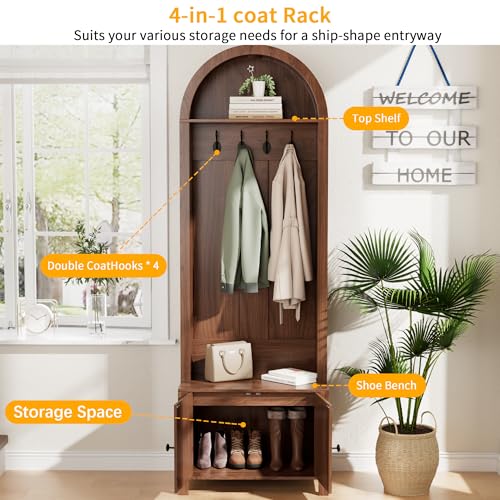 Hall Tree with Bench and Shoe Storage 4-in-1 Entryway Bench with Coat Rack | 70.9"Arch Coat Rack with Fluted Doors and 4 Hooks,Top Cubby,Farmhouse Tall Hall Tree Entryway Organizer for Hallway,Walnut - size: 23.7"W
