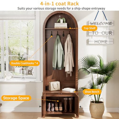 Hall Tree with Bench and Shoe Storage 4-in-1 Entryway Bench with Coat Rack | 70.9"Arch Coat Rack with Fluted Doors and 4 Hooks,Top Cubby,Farmhouse Tall Hall Tree Entryway Organizer for Hallway,Walnut - size: 23.7"W