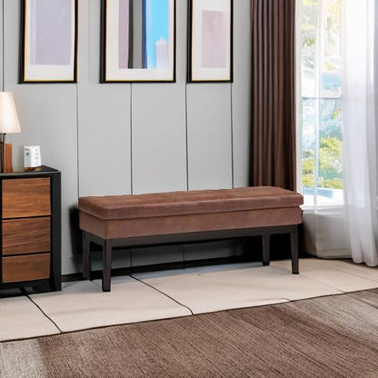 SIMPLIHOME Carlson Ottoman Bench - 45 inch Wide Upholstered Vegan Leather Rectangle Ottoman in Distressed Saddle Brown, Mid Century Modern Bench for Bedroom or Living Room with Padded Seat - color: Brown, style: Ottoman Bench