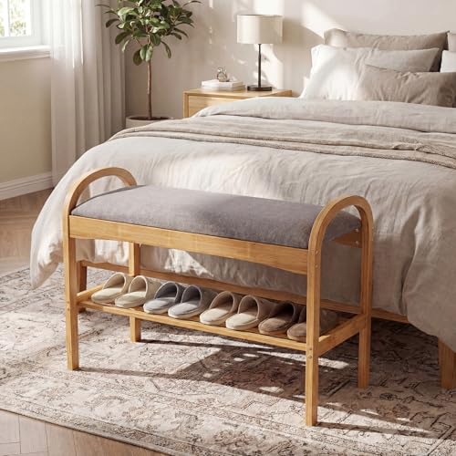 GOFLAME Bamboo Shoe Rack Bench, 2-Tier Entryway Bench with Padded Seat Cushion and Storage Shelf, Shoe Rack Organizer for Hallway, Bedroom, Living Room - style: Without Storage