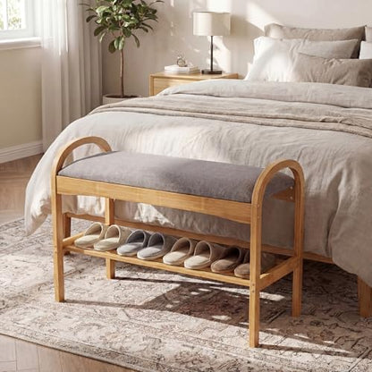 GOFLAME Bamboo Shoe Rack Bench, 2-Tier Entryway Bench with Padded Seat Cushion and Storage Shelf, Shoe Rack Organizer for Hallway, Bedroom, Living Room - style: Without Storage