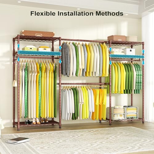 E1 Heavy Duty Closet Garment Rack, 6 Tiers Adjustable Clothes Rack | Bronze Freestanding Expandable Clothing Storage with 4 Hanger Rods, Easy to Assemble Wardrobe System - color: Bronze