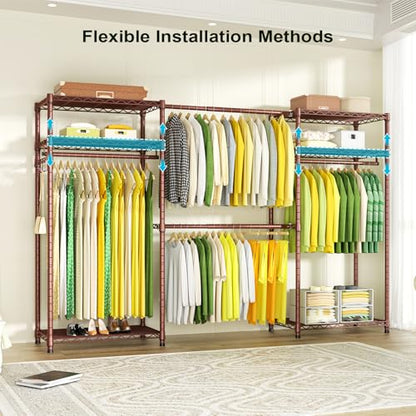 E1 Heavy Duty Closet Garment Rack, 6 Tiers Adjustable Clothes Rack | Bronze Freestanding Expandable Clothing Storage with 4 Hanger Rods, Easy to Assemble Wardrobe System - color: Bronze