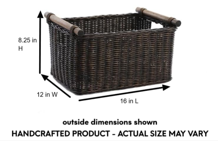 The Basket Lady Pole Handle Wicker Storage Basket, M, Walnut Brown | Outside: 16" L x 12" W x 8.25" H | Inside: 14"L x 10"W x 8"H - Handcrafted by artisans from natural rattan - color: Antique Walnut Brown, size: Medium
