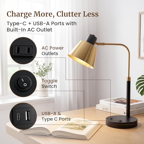 Desk Lamp with USB-C, USB-A and AC Outlet, Adjustable E26 Table Lamp for Home Office and Bedside Reading, Matte Black and Brushed Brass-Look, Bulb Not Included