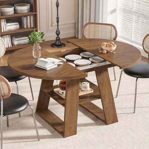 43.3"-59" Extendable Round Oval Dining Table for 4-8 with Storage Shelf | Modern Kitchen Oval Dining Table with Removable Leaves,Space Saving Extendable Table Wood Base for Kitchen Living Room Walnut - color: Walnut Style 2