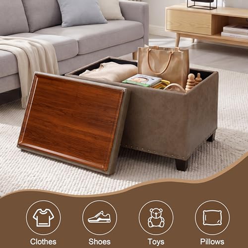 Homebeez 22" Storage Ottoman Coffee Table with Flip Top Tray, Tufted Faux Leather Footrest Stool with Nailhead Trim, Large Foot Rest for Living Room, Taupe Brown - color: Taupe Brown