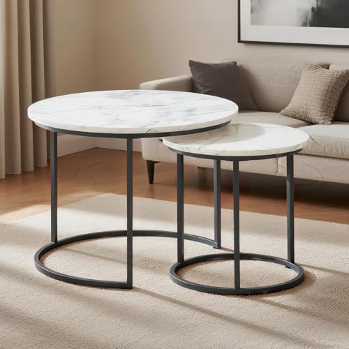 Round Nesting Coffee Table Set of 2, Stacking Minimalist End Table | Modern Marble Pattern Wooden Nesting Tables for Living Room Bedroom Small Space, White Top and Black Leg - color: White & Black