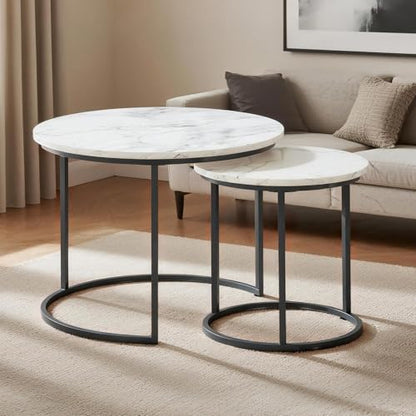 Round Nesting Coffee Table Set of 2, Stacking Minimalist End Table | Modern Marble Pattern Wooden Nesting Tables for Living Room Bedroom Small Space, White Top and Black Leg - color: White & Black