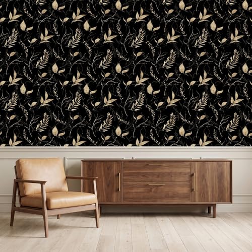 Dark Black and Gold Leaf Peel and Stick Wallpaper 17.7" x 70.8" | Self-adhesive removable waterproof leaf design for bedroom accent walls and renter friendly spaces - color: Black&Gold, size: 17.7" x 70.8"