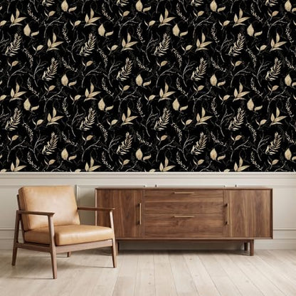 Dark Black and Gold Leaf Peel and Stick Wallpaper 17.7" x 70.8" | Self-adhesive removable waterproof leaf design for bedroom accent walls and renter friendly spaces - color: Black&Gold, size: 17.7" x 70.8"