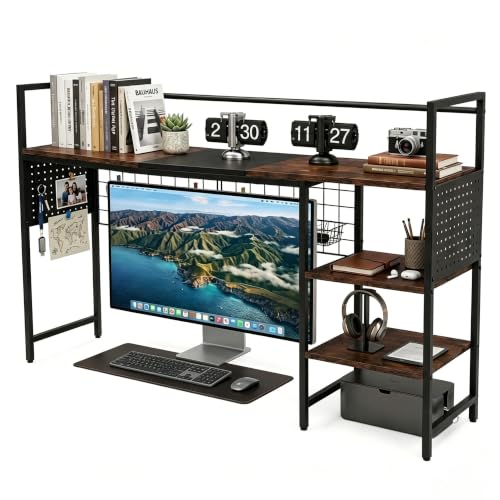 Desk Shelf Organizer with Pegboard & Hooks, Desk Hutch for Computer Monitor, Multi-Tier Wood Desktop Bookshelf Display Rack for Home Office Dorm Room (Vintage Brown, 50.39‘’) - color: Vintage Brown, size: 50.39‘’