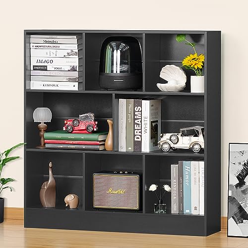 YAHARBO 3 Tier 8 Cube Horizontal Bookshelf, Low Bookcase with Sleves,Black | Short Wide Long Bookshelves, Low Cube Book Shelf with 8 Open Cubes, Anti-Tip Kit Included, For Living Room, Bedroom, Office - color: Black, size: 100CM