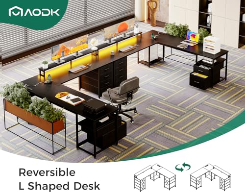 AODK 66" L Shaped Computer Desk, 113“ Reversible Home Office Desk with File Cabinet & 4 Fabric Drawers, Two Person Desk with LED Lights & Power Outlet, Corner Gaming Desk with Monitor Shelf, Black | Desk with File Cabinet & 4 Fabric Drawers, Monitor Shelf