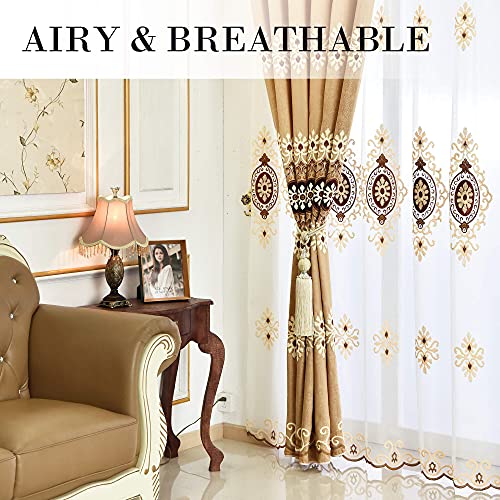 Simple Chenille Jacquard Sheer Window Elegance Curtains/Drapes/Panels/Treatments for Bedroom Living Room, 54 x 84 Inch, Top Grommets(2 Panels) - color: Coffee-sheer, size: 54"W x 84"L (Pack of 2)