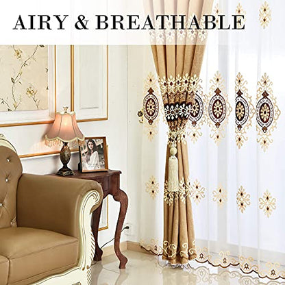 Simple Chenille Jacquard Sheer Window Elegance Curtains/Drapes/Panels/Treatments for Bedroom Living Room, 54 x 84 Inch, Top Grommets(2 Panels) - color: Coffee-sheer, size: 54"W x 84"L (Pack of 2)