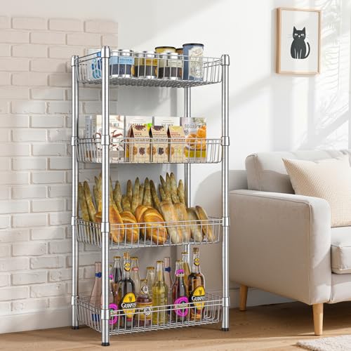 4 Tier Basket Shelf Wire Shelving Unit Adjustable Metal Storage Rack Storage Shelving Standing Shelf Units Heavy Duty Organizer for Pantry Kitchen Bathroom Closet Laundry Utility Room 14"Dx24"Wx47"H