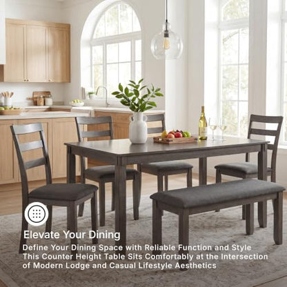 Signature Design by Ashley 6-Piece Dining Table Set with Bench, Gray | Plush gray polyester seats, Wood, veneer and engineered wood build, Space-saving tuck-under bench, Bridson Series - color: Grey