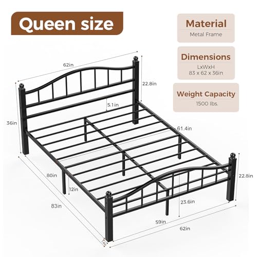 Metal Queen Size Bed Frame with Headboard | Noise-Free Design, 12" Underbed Storage, 1500 LBS Heavy Duty Queen Size Bed Frame, No Box Spring Needed, Tool-Free Assembly - color: Queen Black