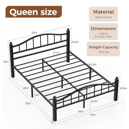 Metal Queen Size Bed Frame with Headboard | Noise-Free Design, 12" Underbed Storage, 1500 LBS Heavy Duty Queen Size Bed Frame, No Box Spring Needed, Tool-Free Assembly - color: Queen Black