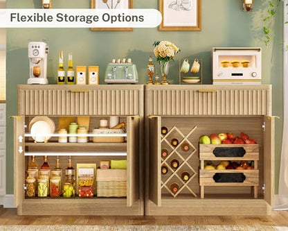 31.5" W Storage Cabinet with Drawer and Adjustable Shelf, Coffee Bar Cabinet, Fluted Sideboard Buffet Cabinet with 2 Doors for Living Room, Kitchen, Entryway, Natural - color: Natural-1 Drawer