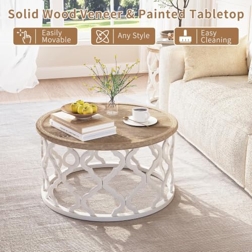 karlott Farmhouse Coffee Table, French Country Tray Round Coffee Table | Solid Wood Veneer Tabletop, Curved Motif Frame Base, Coastal Boho Center Table, Small Rustic Coffee Tables for Living Room - size: Tray Coffee Table 30 Inches