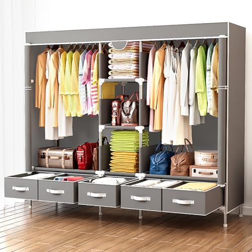 Portable Fabric Closet with 5 Drawers, 72.8x17.7x67.7 Inch Sturdy Clothing Storage Organizer with Hanging Rod, Non-Woven Wardrobe for Bedroom Dorm Apartment (Gray) - color: Grey