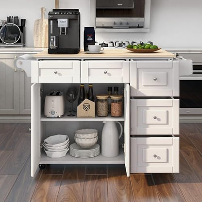 Mobil Kitchen Island Cart with Drop Leaf, Kitchen Cart Rolling Mobile Island with Wooden Countertop, Island Table for KitchenSpice Rack,Adjustable Shelves and Drawers, White