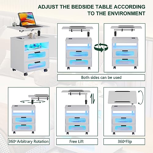 HNEBC Nightstand with Wireless Charging Station, LED Nightstand Has Adjustable Rotary Workstation,Smart Night Stand with 2 Drawers,Modern Bedside Table for Bedroom, Sensor Light/Wheel (White) - color: 9603-1-white