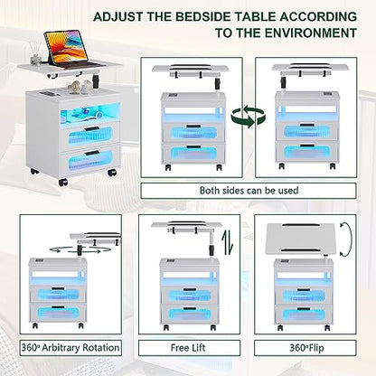 HNEBC Nightstand with Wireless Charging Station, LED Nightstand Has Adjustable Rotary Workstation,Smart Night Stand with 2 Drawers,Modern Bedside Table for Bedroom, Sensor Light/Wheel (White) - color: 9603-1-white