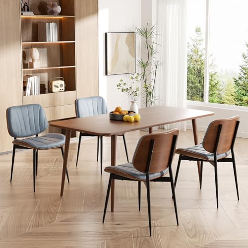 Dining Chairs Set of 4, Mid Century Modern Dining Room Chair, Upholstered Faux Leather Kitchen Chairs with Walnut Bentwood Back and Metal Legs for Kitchen Dining Room Living Room, Blue - color: Blue, size: Set of 4