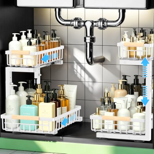 Under Sink Organizer 2 Pack, Double Slide Out Metal Shelf, White | Pull Out Kitchen Storage Cabinet Organizer, 2-Tier Under Sink Storage Rack for Bathroom Laundry Kitchen Storage with Drawer - color: White