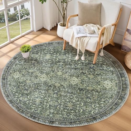 Sasttie Round Rug 6ft, Ultra-Soft Washable Rug for Living Room, Dark Green | 6 feet Thin Carpet for Apartment & Bedroom, Low-Pile Faux Cashmere, Non-Slip Backing, Skin-Friendly, Stain Resistant - color: Dark Green, size: 6' (Round)