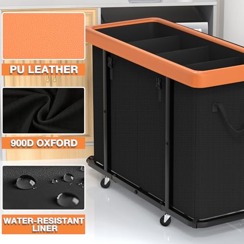 Laundry Basket with Wheels, 300L Leather Patchwork Laundry Sorter 4 Section | Sturdy Metal Frame, Removable Washable Bag, Tall Clothes Sorter for Bedroom - Black - color: Black, size: 4 Section-300L