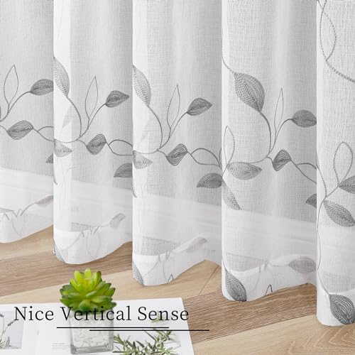 Tollpiz Grey Leaf Sheer Tier Curtain Kitchen 30 x 36 Inches | Leaves Embroidered Curtains Rod Pocket Voile Bathroom Window Treatment for Cafe, Set of 2 Panels - color: Grey, size: 30"W x 36"L (Pack of 2)